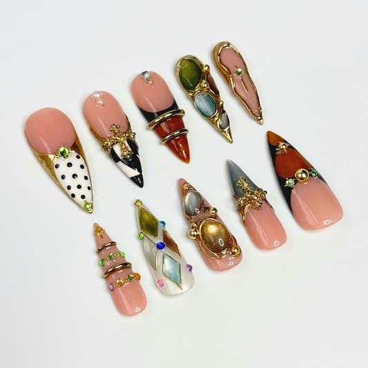 Luxury Press On Nails with Gemstone Charms, Vintage Gold Fake Nails in Long Almond