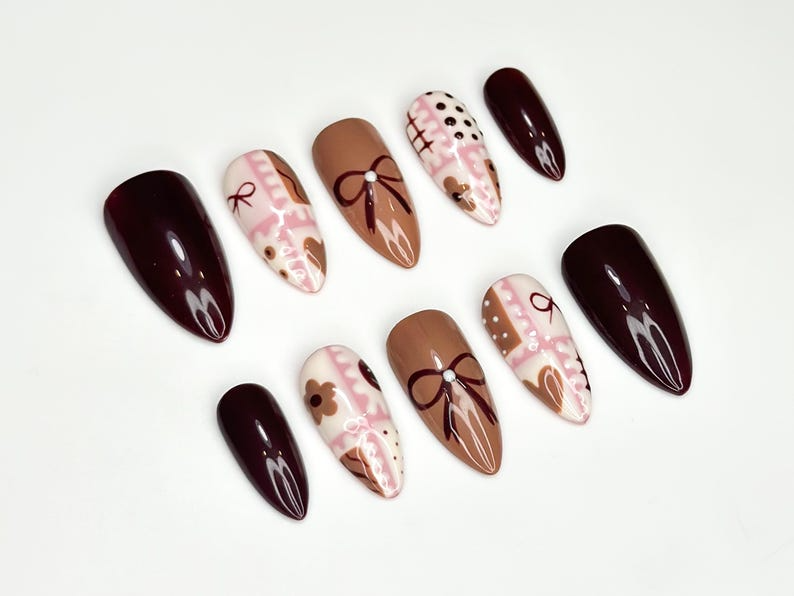 Chocolate Autumn Press On Nails Sweet Treats-Inspired Nail Art Soft Pink & Brown Handcrafted Design Handmade Unique Nail Set