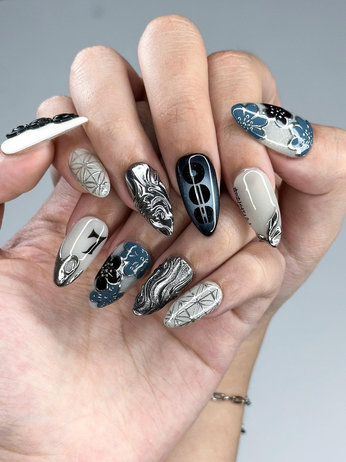 Kpop Inspired Indigo Voyage Nails, 7 Spirit Arirang Silver Shark Nails, Ocean Muse 3D