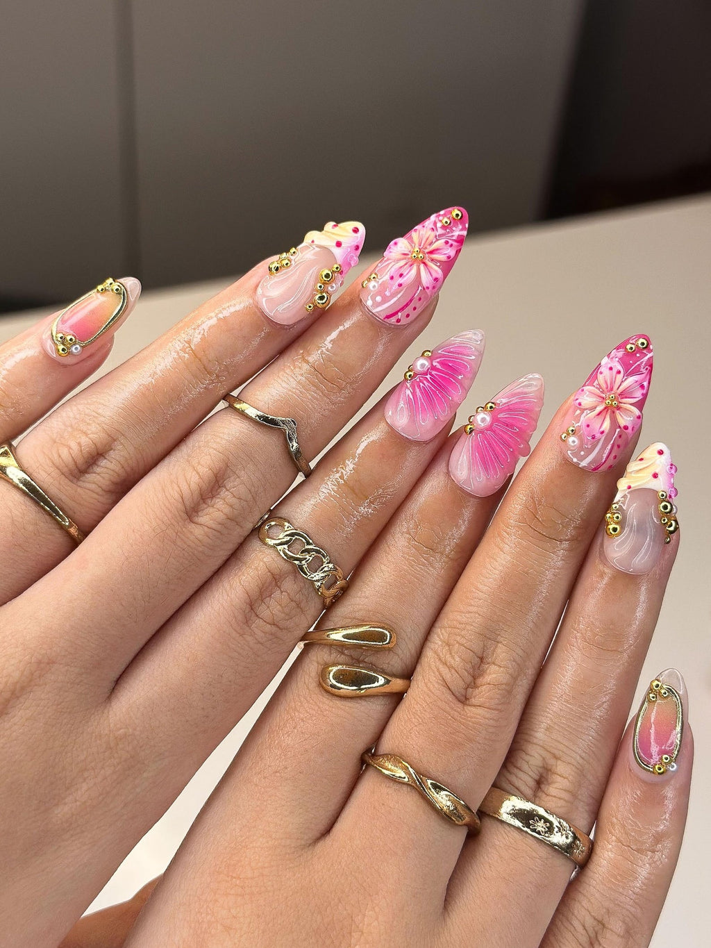 3D Pink Hibiscus & Seashell Nails, Tropical Floral Summer Press Ons, Luxury Gold Studded