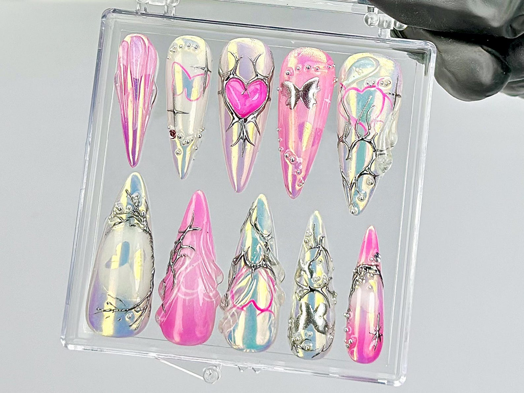 Chrome Pink Heart Press On Nails By DoryNails Y2K Silver Mirror Design Fake Nails Iridescent Butterfly Nail Art Girly Nails| OC817Y