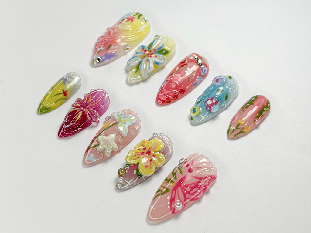 Spring Garden Bloom Press On Nails Colorful Floral 3D Nail Art Soft Pastel Press Ons Handmade Elegant Set for Spring & Summer|OB751HK