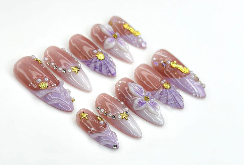 Lavender Ocean Bloom Press On Nails 3D Seashell & Seahorse Nail Art Purple Floral Mermaidcore Tips Long Glossy Set