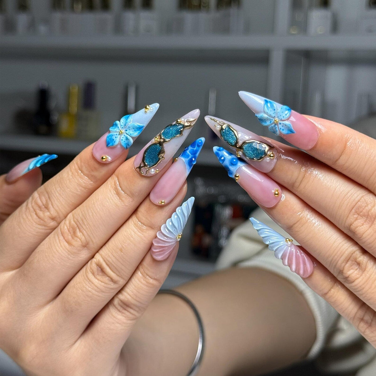 Blue Ocean Press On Nails with 3D Flower and Gold Detail Marble Coastal Nails in Almond