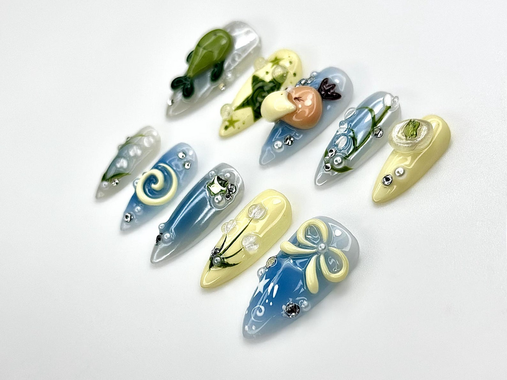 Forest Friends Duckling Press On Nails Cute Turtle & Nature Nail Art Lily of the Valley Nails Green Blue Pastel Nails