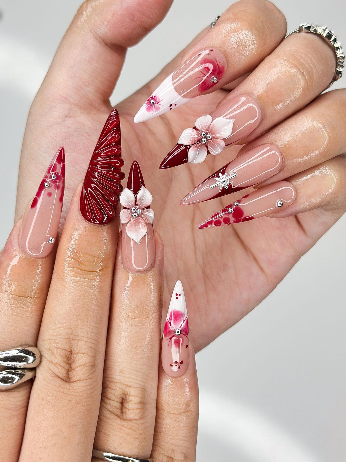 Deep Lily & Crimson Ripple Nails, 3D Floral Dark Red Press Ons, Luxury Moody Romantic