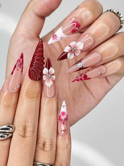 Deep Lily & Crimson Ripple Nails, 3D Floral Dark Red Press Ons, Luxury Moody Romantic