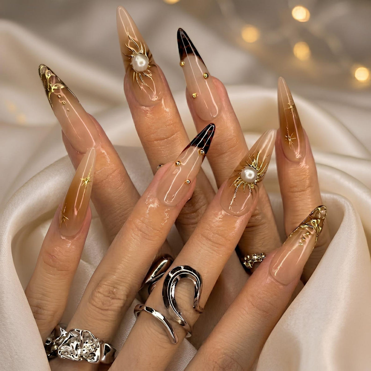 Gold Sun Pearl Press On Nails, Shiny Jelly Brown Nails, Luxury Gold Swirl Art, Bold