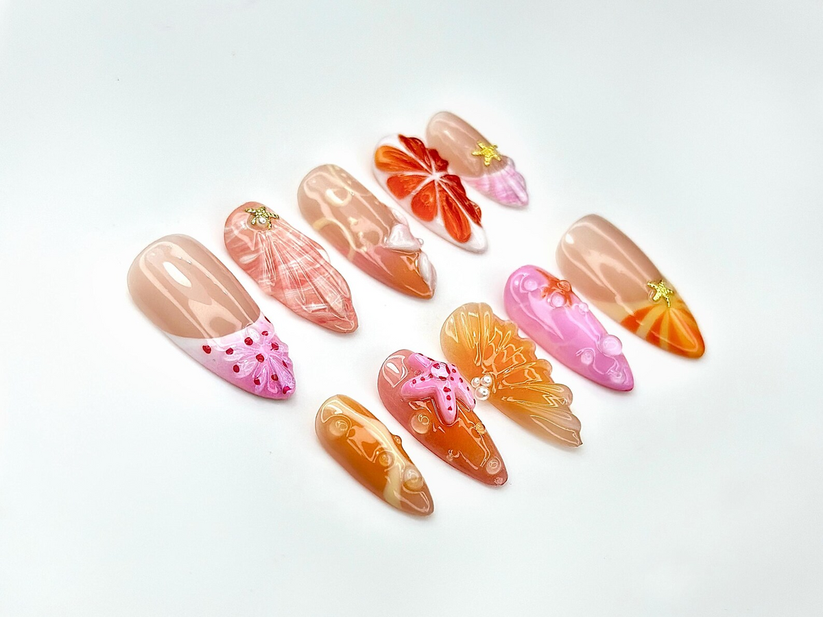 Tropical Summer Splash Press On Nails Cute Starfish & Shell Design Bright Sunset and Beach Theme Nails 3D Ocean Nail Art