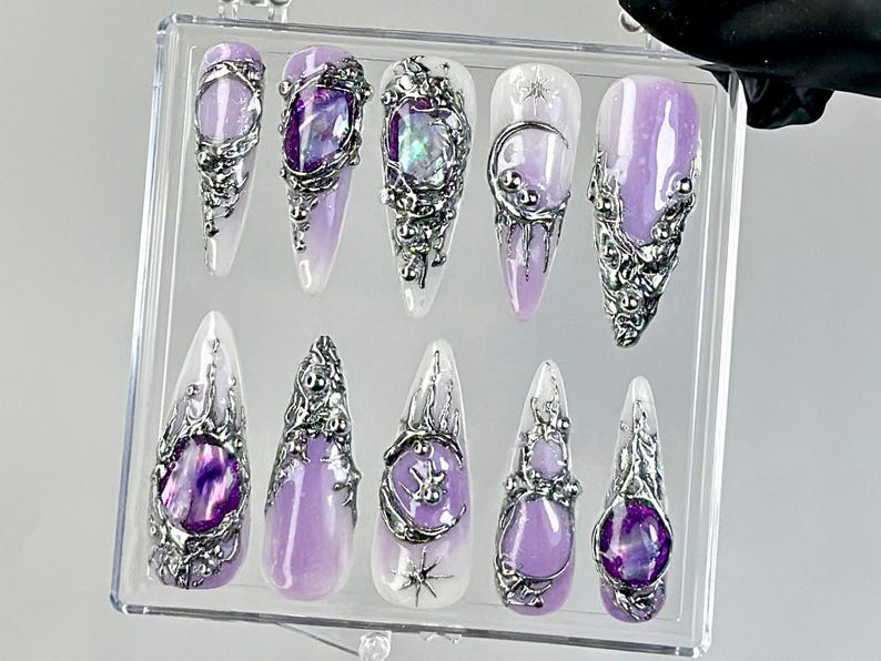 Gothic Purple Press On Nails Dark Glam Fake Nails Silver and Purple Nail Art 3D Gothic Purple Fake Nails Gothic Nails OC737YC