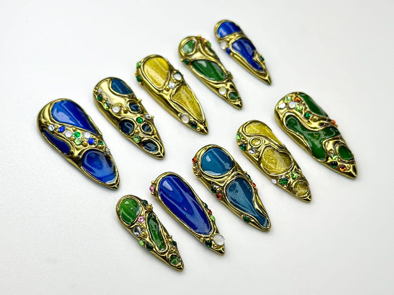Luxury Gemstone Press On Nails Blue, Green & Amber Enamel Stones Detail Jewel-Encrusted Nail Set Gold Jewel Nail Art OB790HC