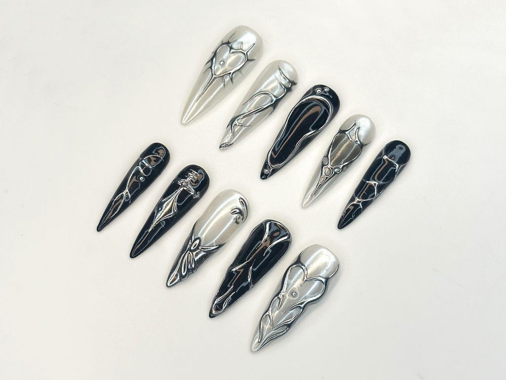 Black Silver Chrome Press On Nails Gothic Metallic Nail Art Winter Armor Nails Holiday Party Nails Handmade Gift Set
