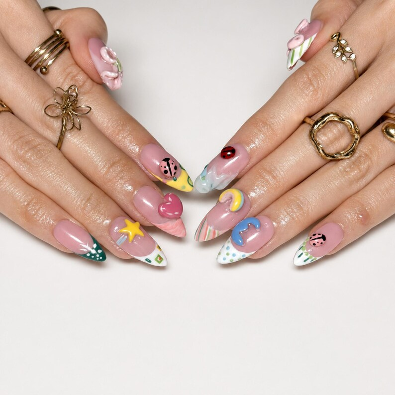 Cute 3D Ladybug Summer Press On Nails Almond • Tropical Pool Party Vibe • Rainbow Star
