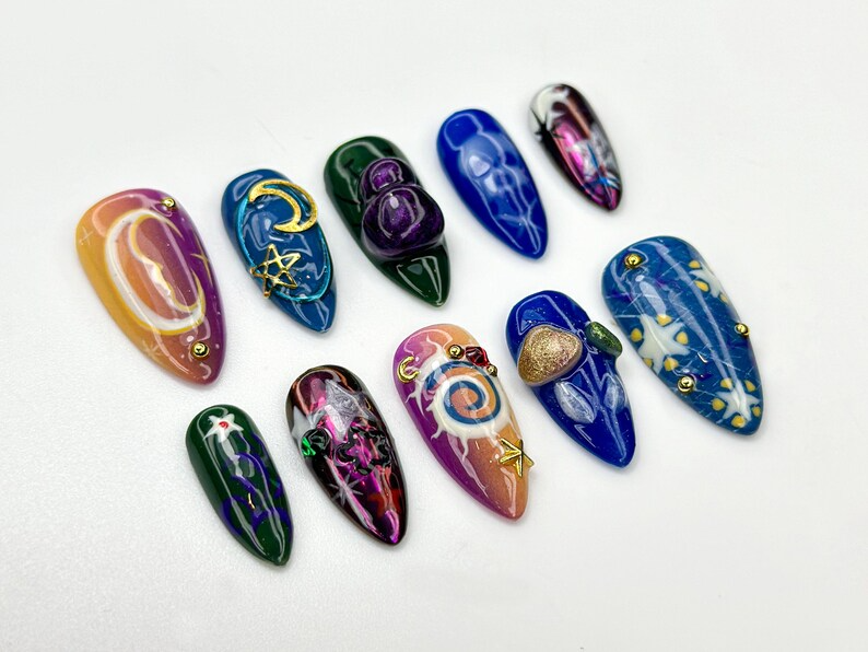 Galaxy Swirl Press On Nails Cosmic Star Moon Nail Art Mystical Space Inspired Nails Purple Blue Galaxy Tips Celestial Nail