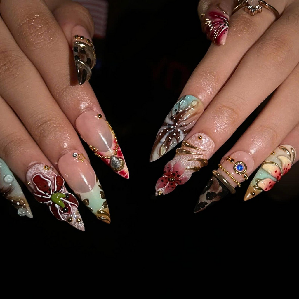 Luxury Floral Press On Nails, Burgundy Gold Nails, 3D Flower Nail Set, Vintage Glam