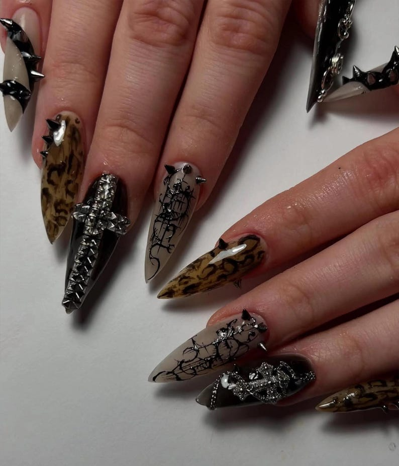 Gothic Punk Stiletto Press On Nails Leopard Chrome Nail Art Edgy Studded Nail Design Alt Fashion Black Nails