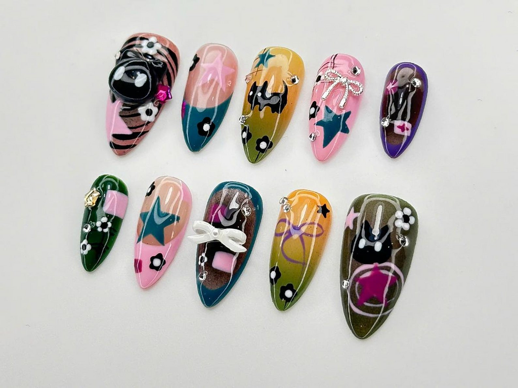 Goth Kawaii Press On Nails Handmade Black Cat & Star Nail Art Long Stiletto Glue On Nails Alternative Aesthetic Gift for Her