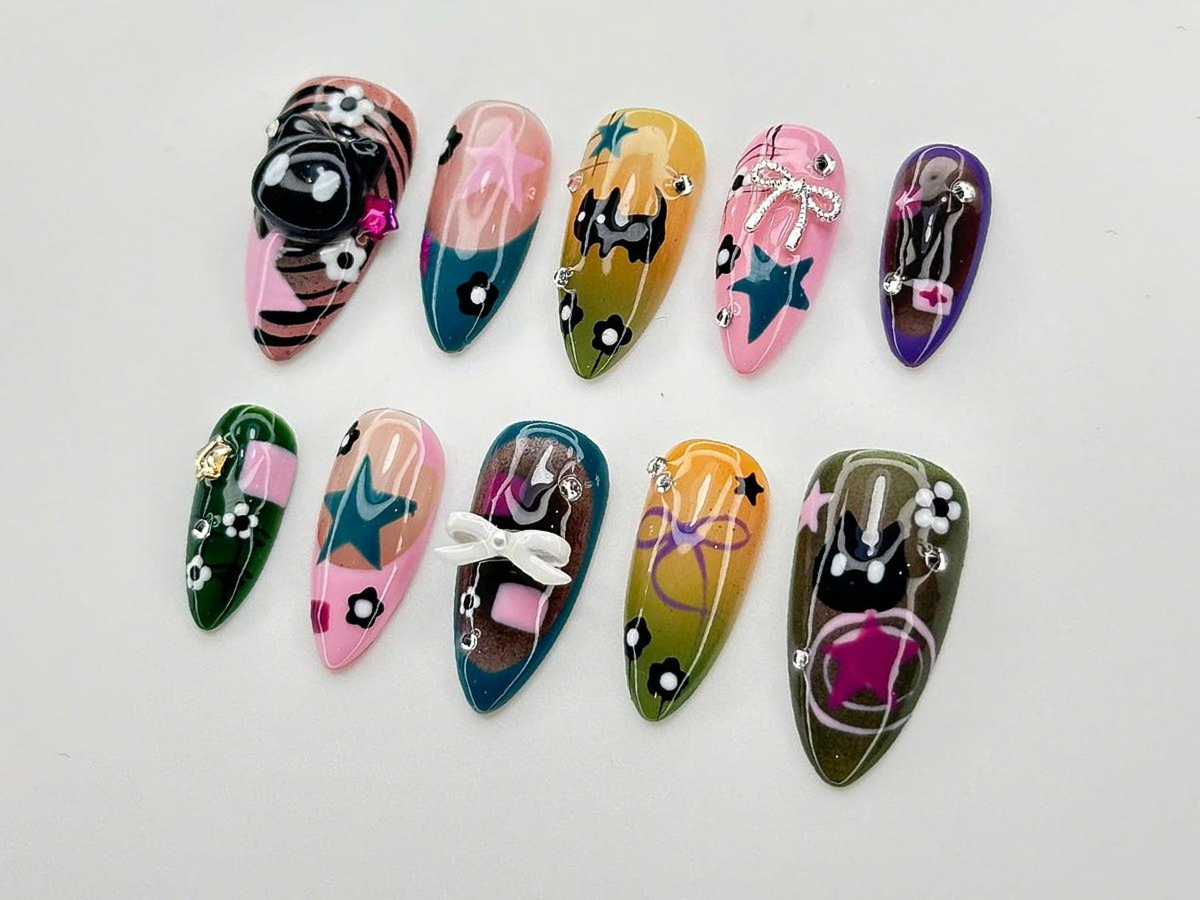 Goth Kawaii Press On Nails Handmade Black Cat & Star Nail Art Long Stiletto Glue On Nails Alternative Aesthetic Gift for Her