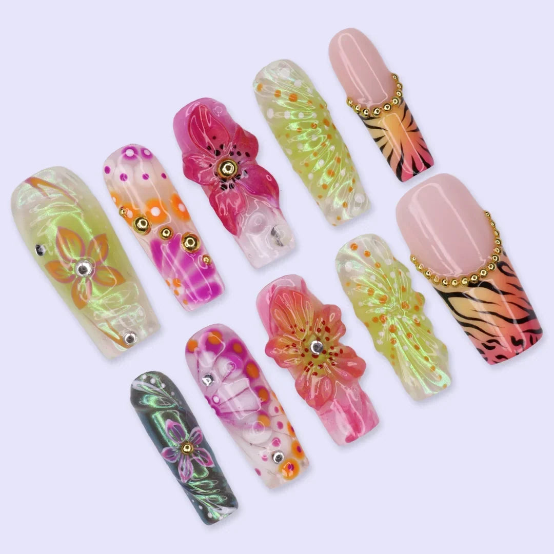 Jungle Mirage Floral Tropical Pink Orange Press On Nails