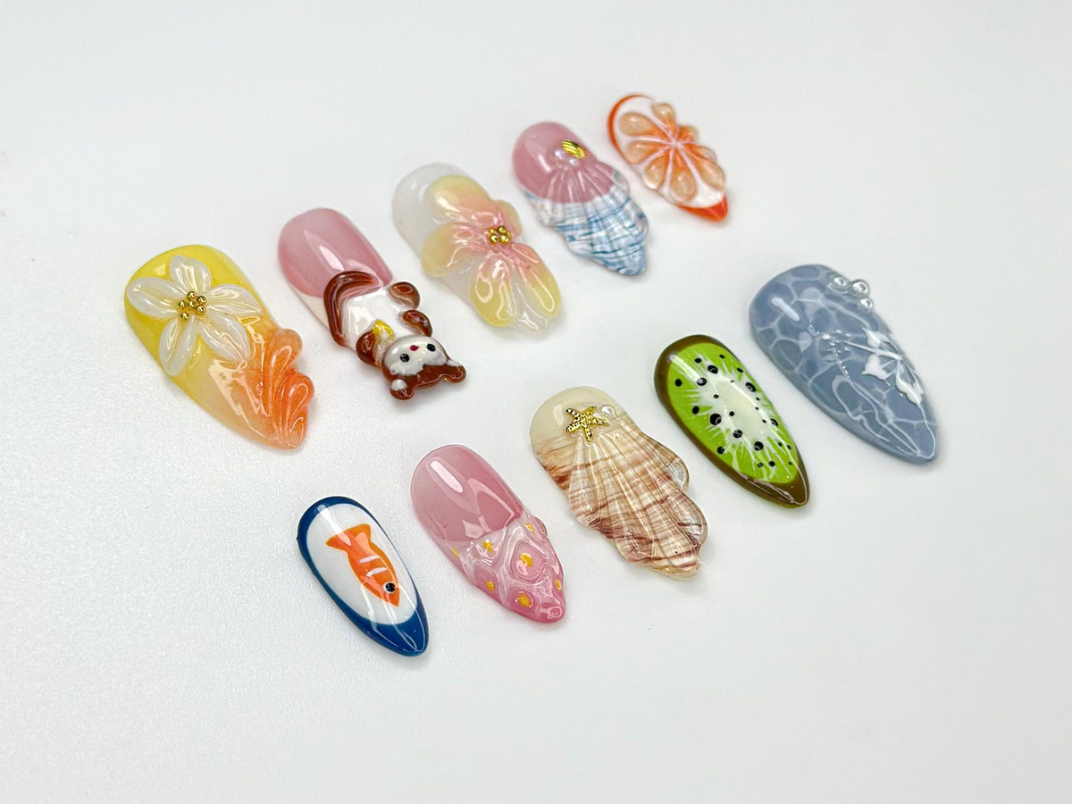 Summer Picnic Mokey Press On Nails 3D Fruit & Flower ArtFun Mismatched Vacation Nail Set Playful Beach Picnic Nail| Cute Nails