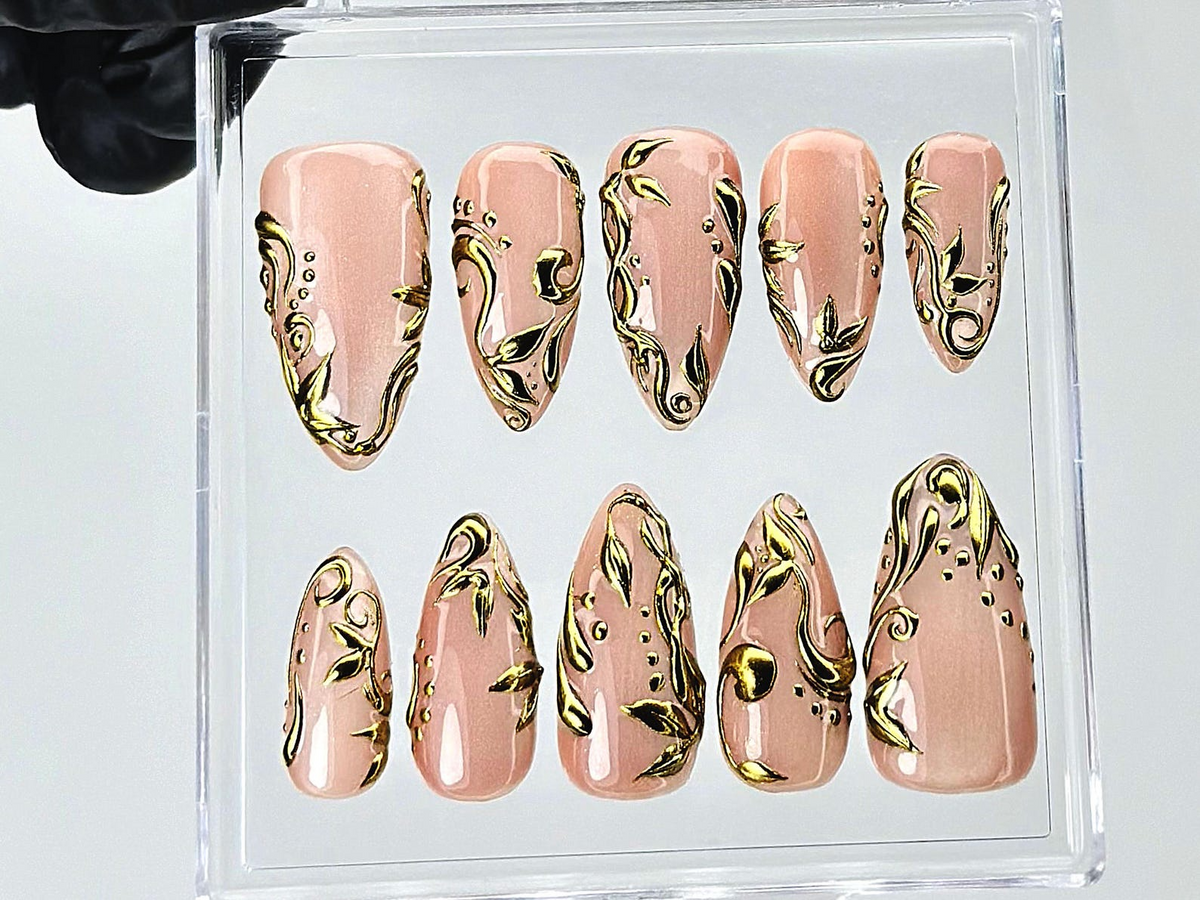 Nude Gold Leaf Press On Nails Elegant Baroque Swirl Fake Nails Metallic Accent Luxury Nail Art Gold Foil Nude Press Ons OB898YC