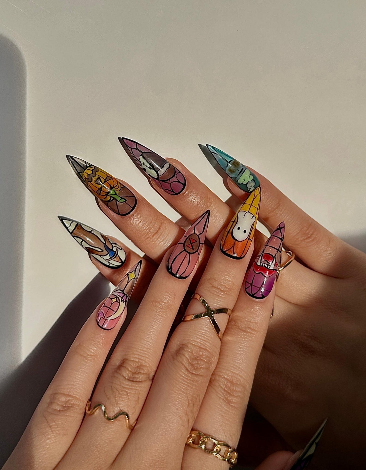 Stained Glass Halloween Press On Nails Ghost Pumpkin Bat Nail Art Colorful Spooky Nail Design Handpainted Halloween Nails