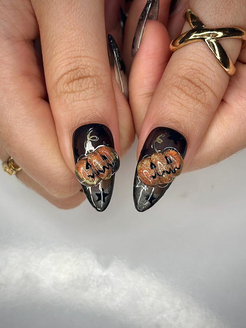 Pumpkin Gothic Press On Nails, Halloween Black & Orange Nails, Handmade Spooky Nail