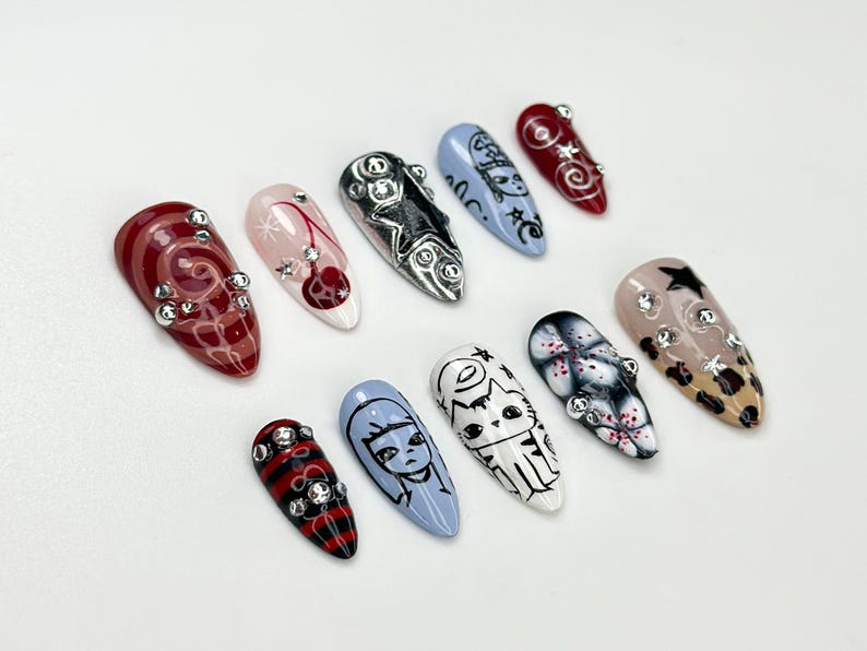 Grunge Cartoon Style Press On Nails Red & Blue Mismatch Nails Handpainted Edgy Punk Art Funky Cartoon Press Ons| Handmade Nail