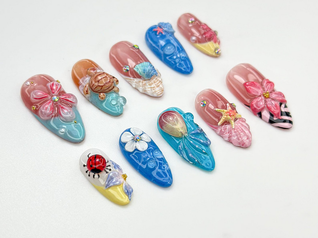 Tropical Sea Turtle Press On Nails 3D Beach Shell & Starfish Nails Handmade Summer Mermaid Vibes Tropical Sea Nail Art OB809HK