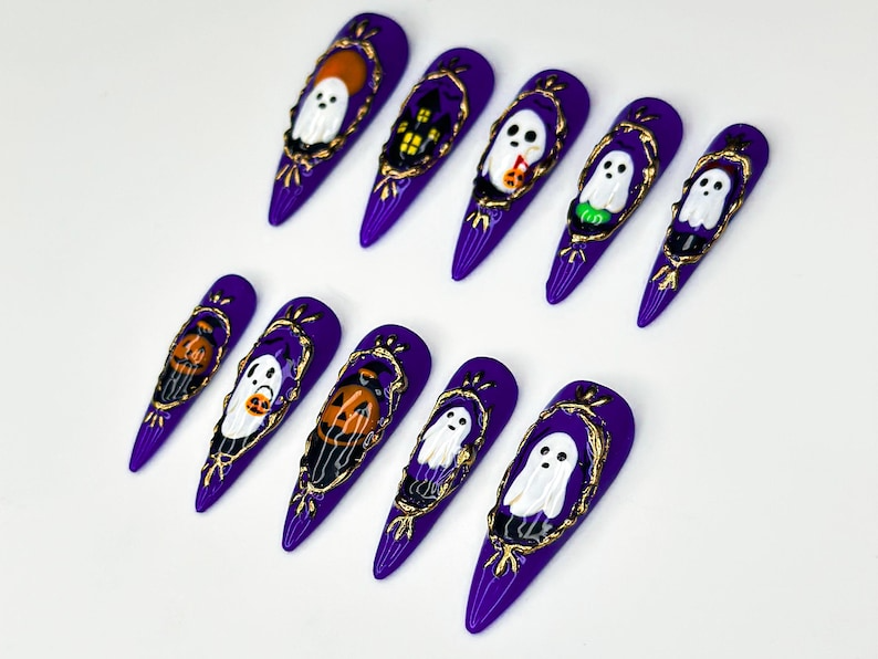 Purple Gothic Halloween Press On Nails, Ghost & Pumpkin Halloween Nail Design, Haunted