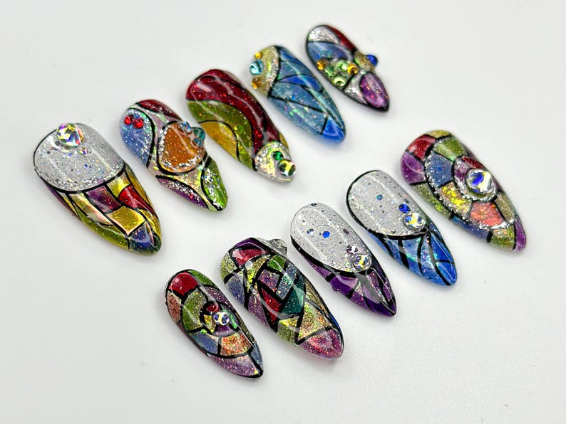 Stained Glass Fantasy Press On Nails Hand-Painted Mosaic Nail Art Sparkly Abstract Rainbow Design Festival Boho Press On Set OC786HC
