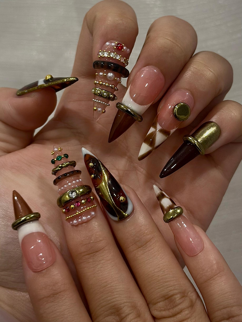 Brown Gold Luxe Press On Nails, Sculptural Ring Nail Art, Luxury Jewelry Inspired Nails