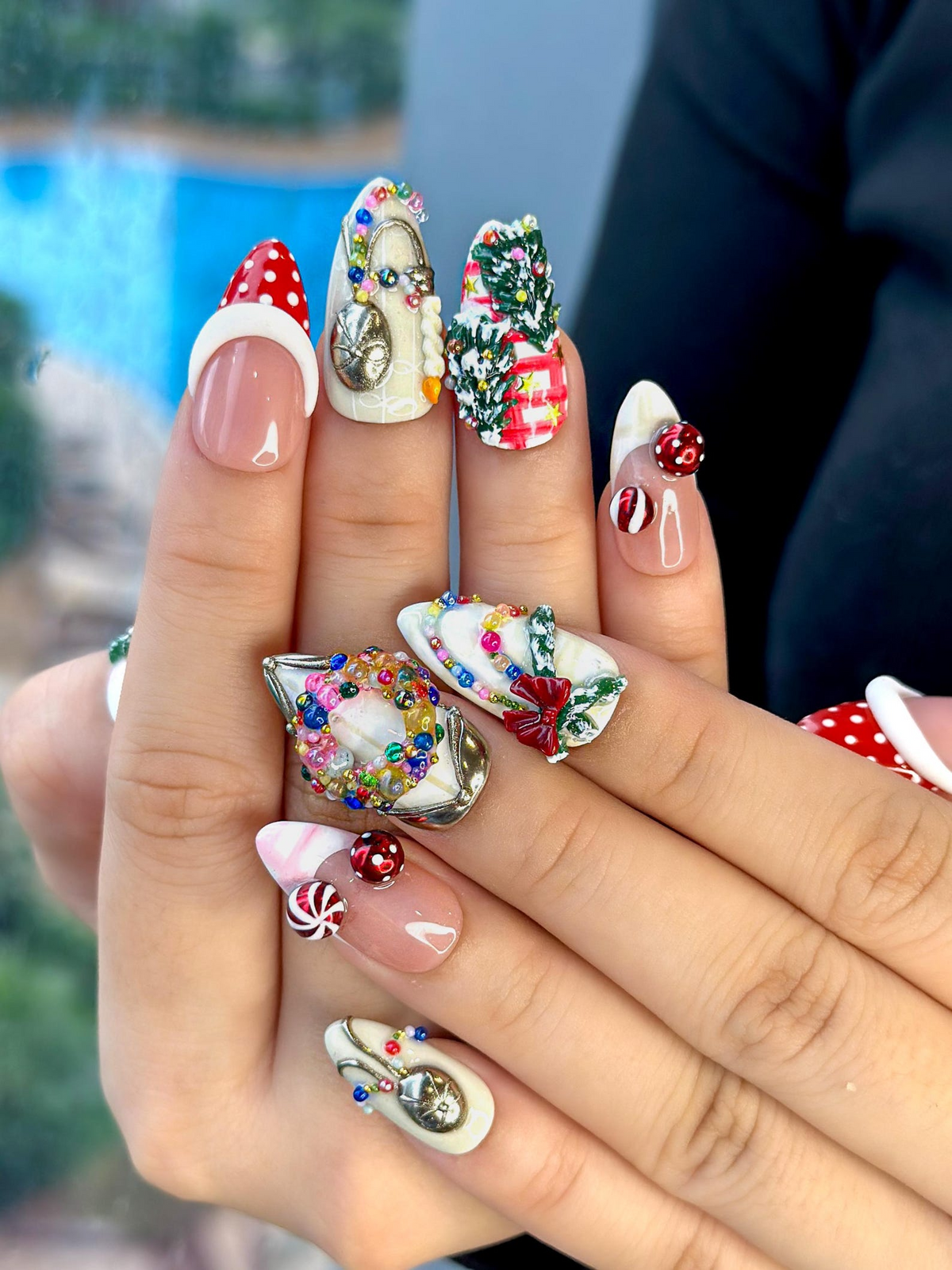 Merry Knit Christmas Press On Nails, 3D Bow Christmas Nail Art, Green Red Holiday Press