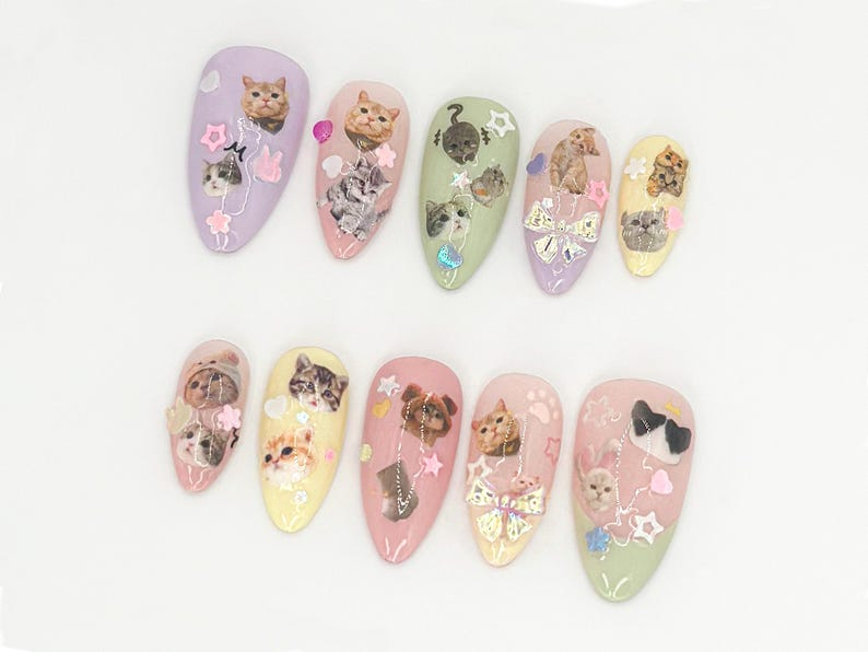 Cute Kitty and Bow Press-On Nail Set Perfect for Pet Lovers Kawaii Cat-Themed Press On Nails for Cute Style| Handmade DesignOB644LK