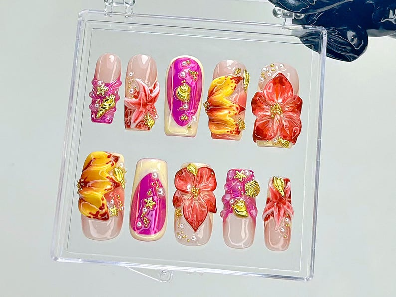 Tropical Hibiscus Press On Nails 3D Floral Summer Fake Nails Summer Bloom Nail Art Sunset Color Bloom Kawaii Nails 3D NailsOB932YC