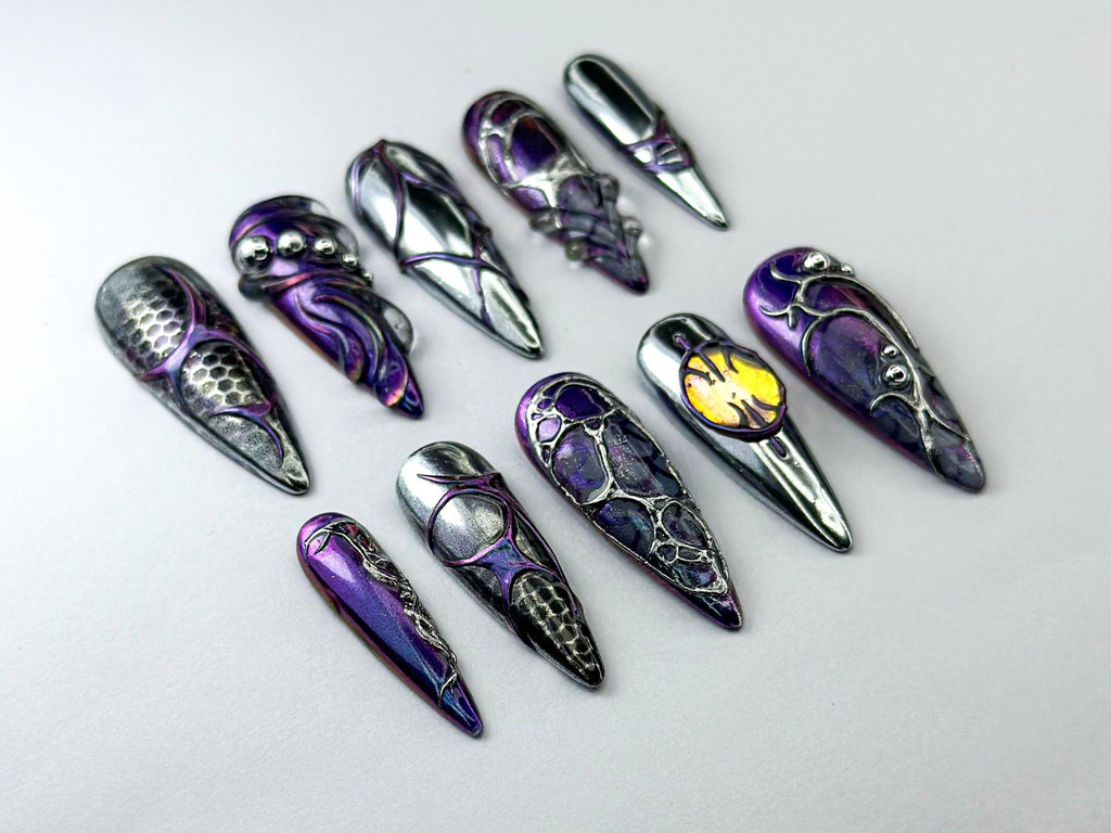 Metallic Dragon Scale Press-On Nails Gothic Fantasy Inspired Set Unique 3D Chrome Press-Ons Cyberpunk And Gothic Nails OB725HC