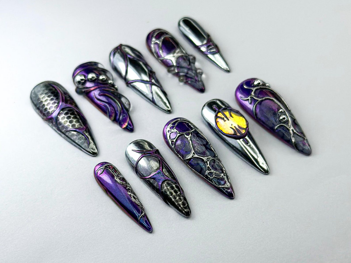 Metallic Dragon Scale Press-On Nails Gothic Fantasy Inspired Set Unique 3D Chrome Press-Ons Cyberpunk And Gothic Nails OB725HC