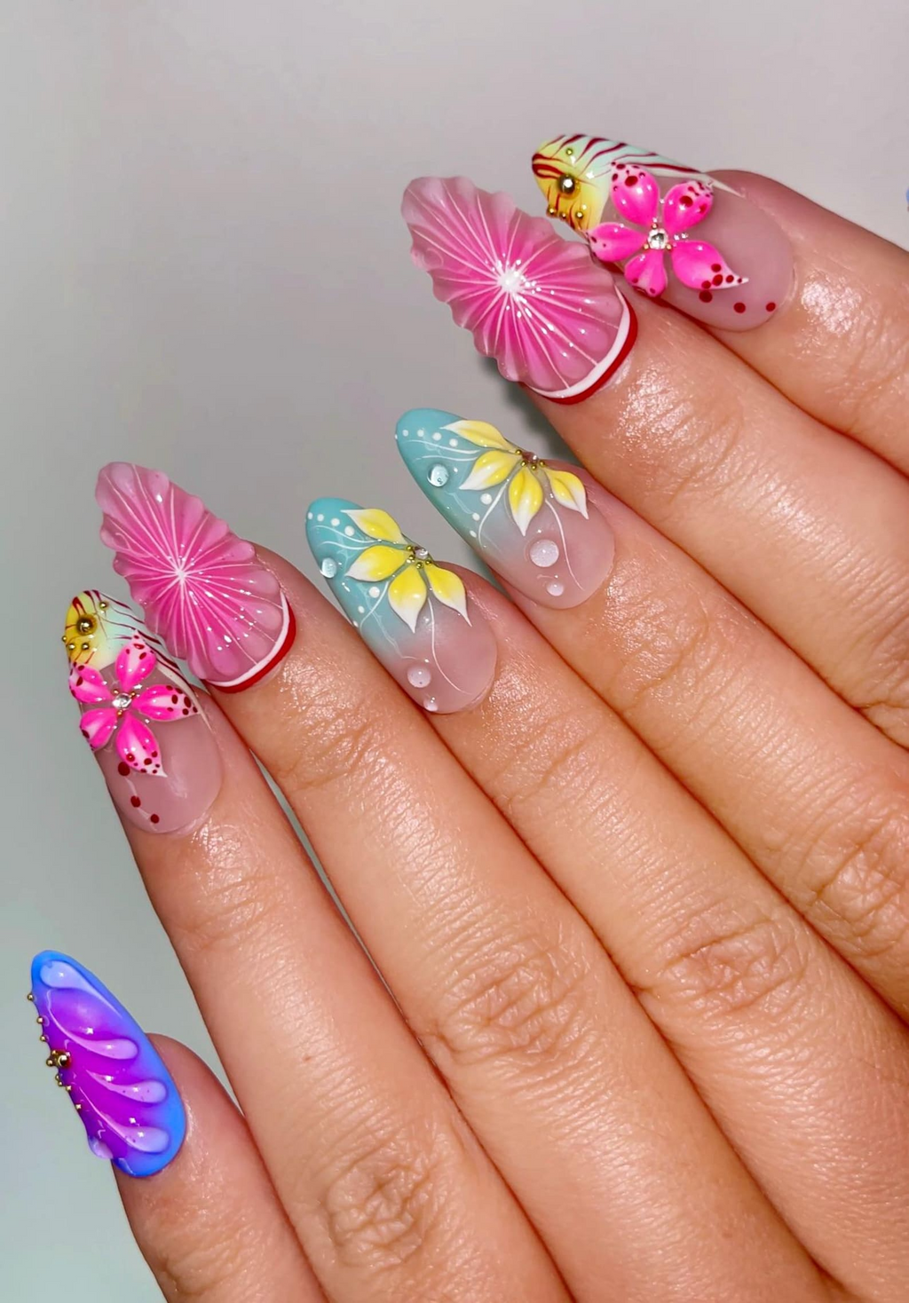 Tropical Bloom Press On Nails 3D Flower Summer Nails Colorful Citrus Slice Nails Hand