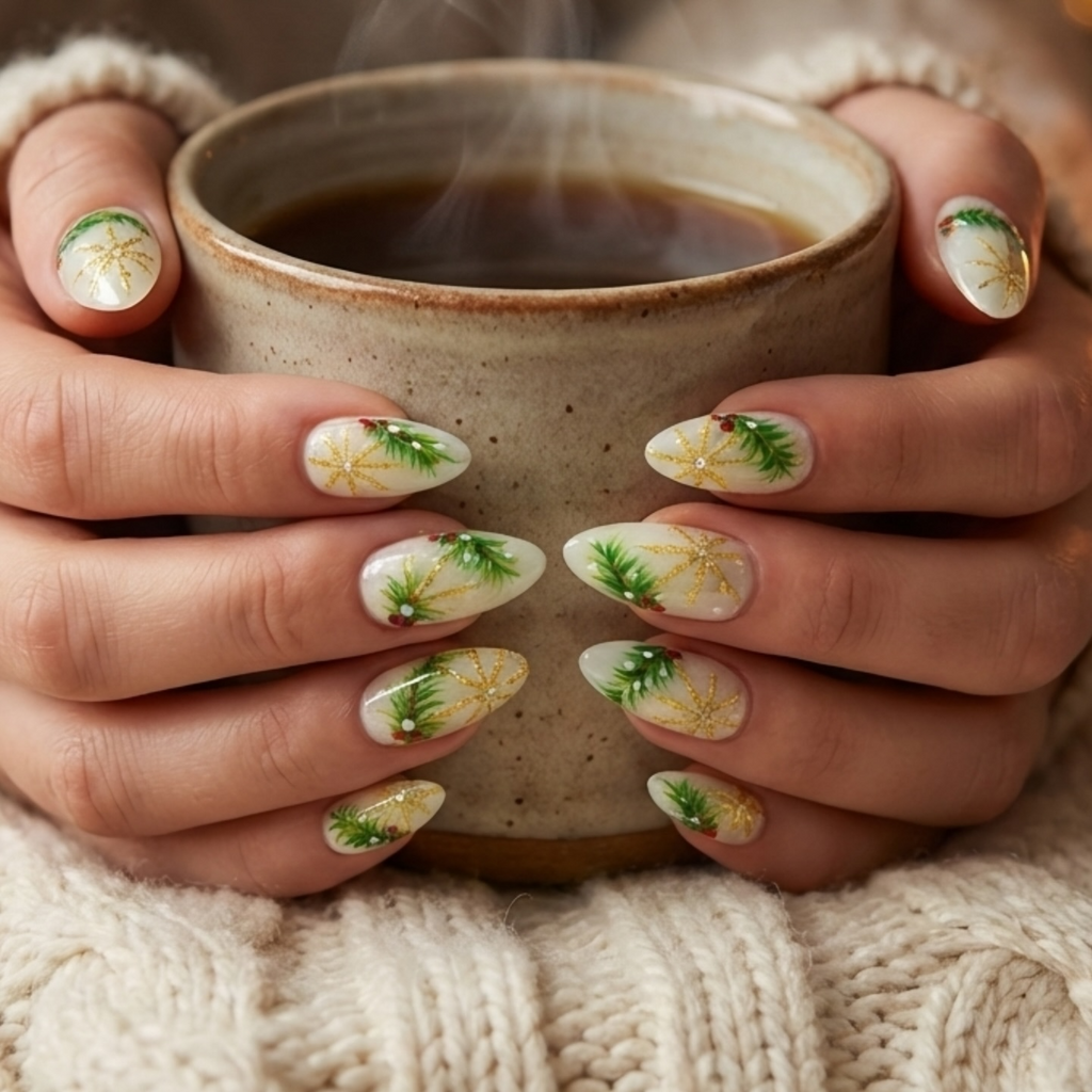 Luxury Christmas Press On Nails, Gold Snowflakes And Pine Accents Fake Nails, Festive