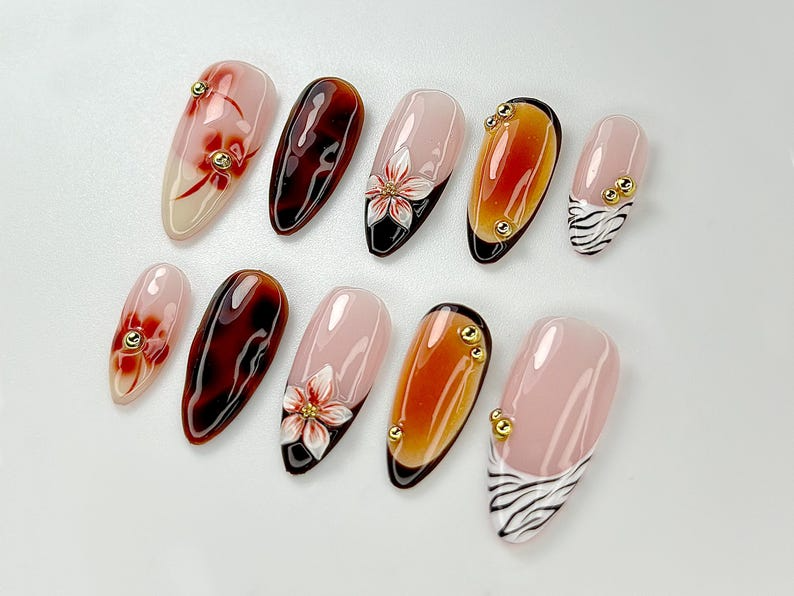Brown Tortoise Shell Press On Nails Zebra, Tiger Tip Nail Art Safari Inspired Nail Art Zebra Animal Kawaii NailsLuxury Nails|OB797YK