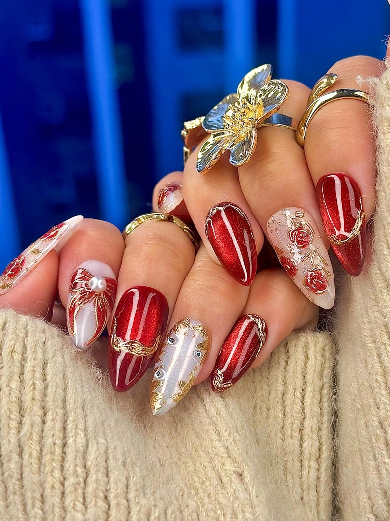 Press On Nails For Christmas Holiday Christmas Nails Gold Leaf Luxury Nail Art Pearl Accent Classy Nails