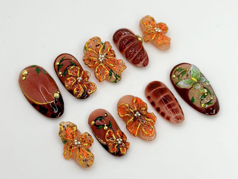 Custom Brown Floral Press-On Nails Fall Leaves Design Brown and Orange 3D Nail Art Custom Nail Design Autumn Elegance