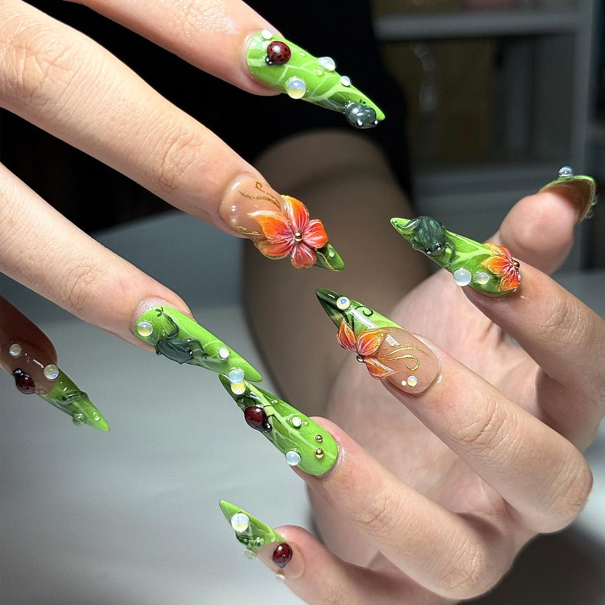 Green Floral Press On Nails with Ladybug and Pearl 3D Nature Nails in Long Almond Handmade