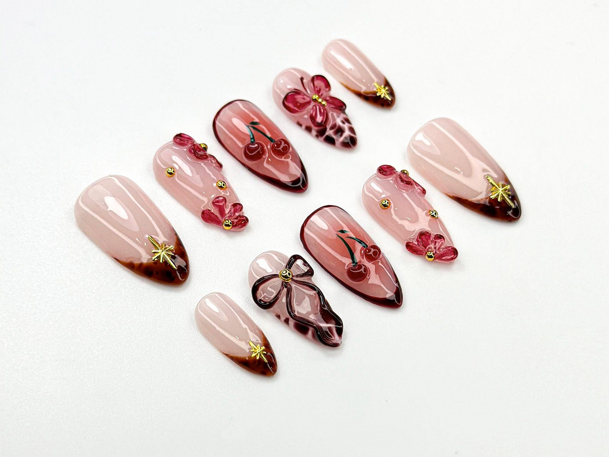 Cherry Blush Bloom Press On Nails 3D Red Floral & Bow Nail Art Sweet Cherry Nails 3D Red Flower Nails Romantic Nail Set OC770HC