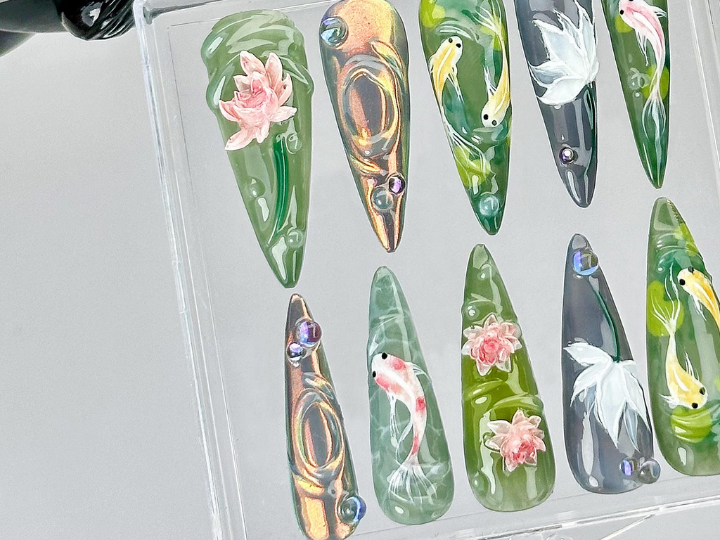 Koi Fish Nail Art by DoryNails Japanese Pond Acrylic Nails Water Garden Nail Art Zen Inspired Fake Nails Nature Aesthetic