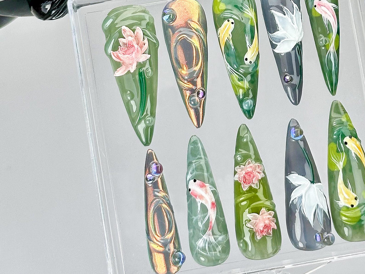 Koi Fish Nail Art by DoryNails Japanese Pond Acrylic Nails Water Garden Nail Art Zen Inspired Fake Nails Nature Aesthetic