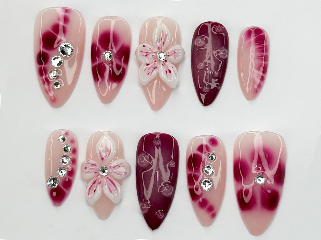 Hand Painted Press On Nails Floral Accent Nails3D Flowers - Rhinestone Accents| Perfect for Special Occasions
