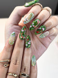 3D Koi Pond & Pink Lotus Press On Nails, Zen Garden Art, Luxury Moss Green Shimmer