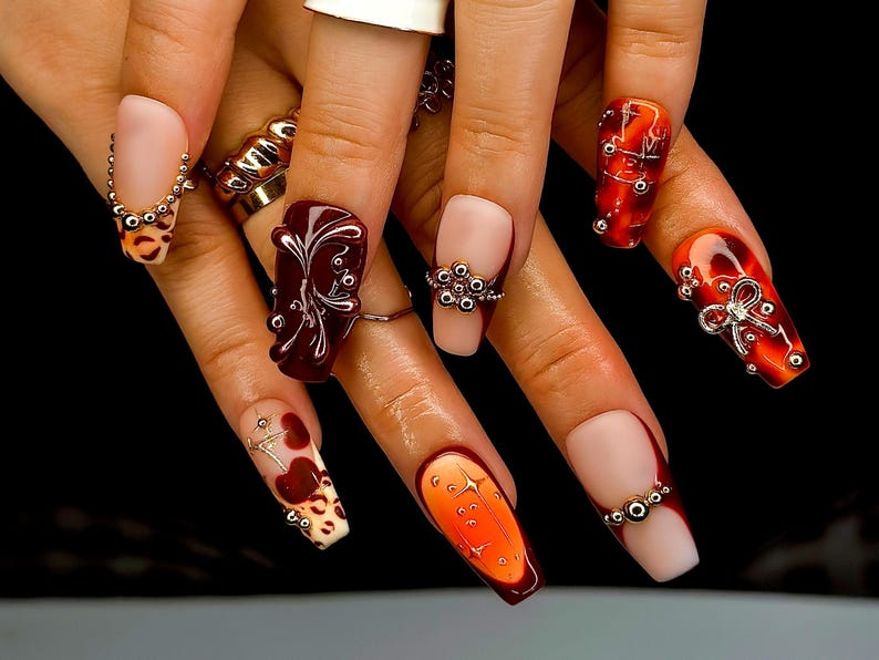 Fall Orange Leopard Press On Nails Autumn Handmade Luxury Set 3D Bow & Butterfly Nail Art Fall Statement Design