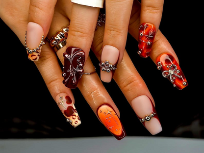 Fall Orange Leopard Press On Nails Autumn Handmade Luxury Set 3D Bow & Butterfly Nail Art Fall Statement Design